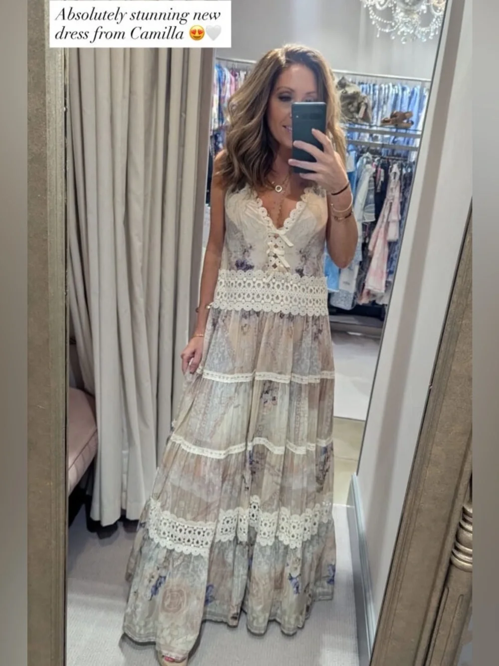 Camilla Trapeze Tired Dress. Cream Floral Lace Maxi Dress - Picture 1 of 10